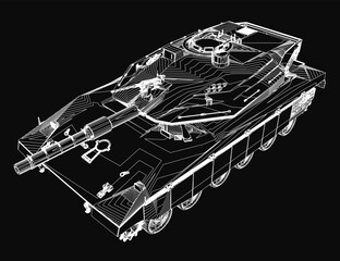 Battle Tank blueprint in 3D, showcasing detailed contours and military design on a black background. The model highlights key components like the turret, tracks, and armor plating.