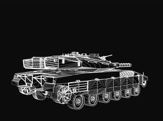 Battle Tank depicted in bold black and white contour lines against a dark background. The detailed military illustration highlights the tank's angular armor and powerful cannon.