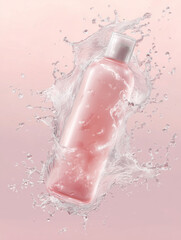 Pink beauty bottle spins amidst water splash on pink background. Ideal for cosmetic ads, packaging design, or skincare promos.