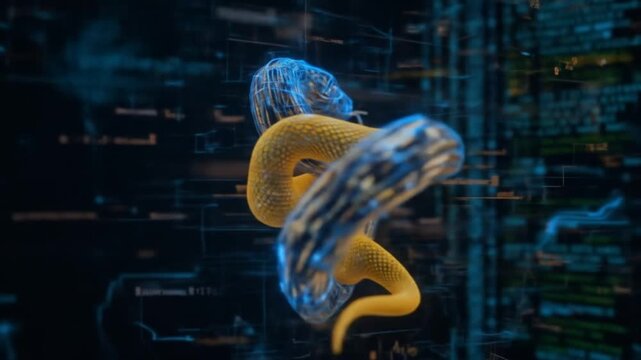 A digital snake entwined with code, symbolizing the basics of python programming. 4k video