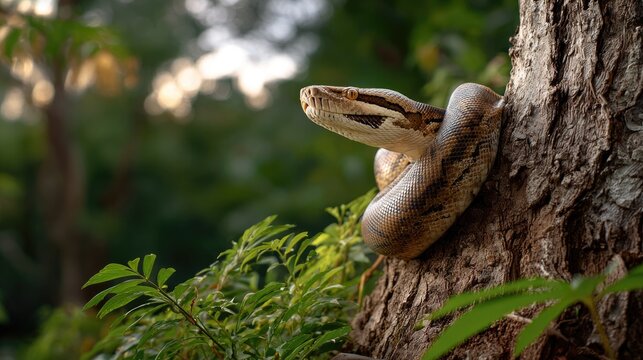 A large boa constrictor coiling around a thick tree trunk