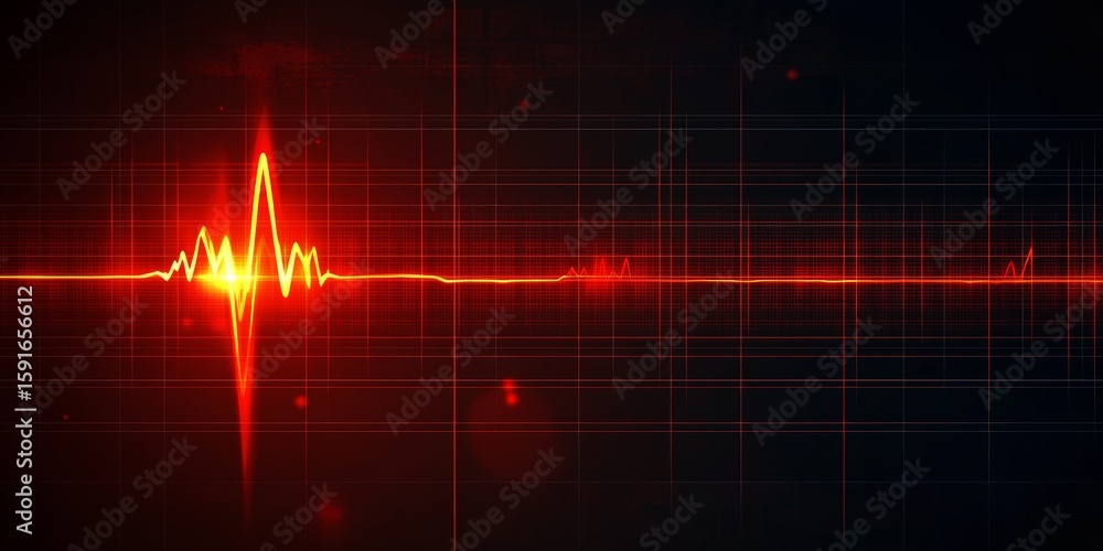 Poster abstract red heart health monitor with pulsing waveform on grid and digital display for ekg analysis