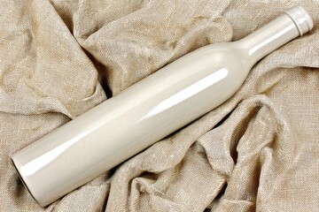 Cream-colored bottle on beige linen cloth