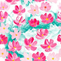 Seamless pattern of abstract pink flowers, original hand drawn, impressionism style, color texture, brush strokes of paint, art background