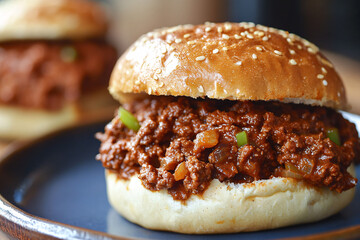 Delicious Sloppy Joe Sandwich on Plate Close Up Food Photography