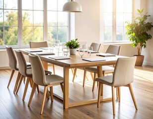 Obraz premium Bright Modern Conference Dining Room with Wooden Table and Chairs