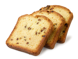 Raisin cake sliced into pieces close-up on a white. Isolated
