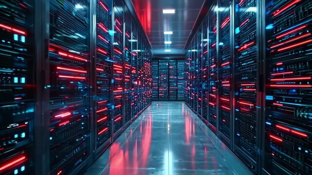 A long row of servers in a data center