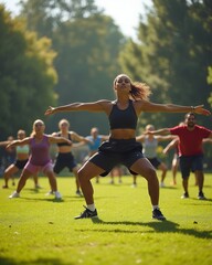 Obraz premium People exercising outdoors on grass