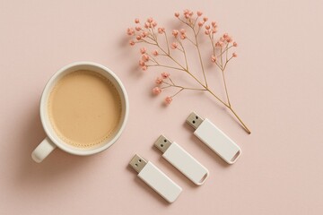 Top-Down View of a Minimalist Workspace Scene with a White Cup of Creamy Coffee, Dried Pink Baby's Breath Flowers, and Sleek White USB Flash Drives on a Soft Pastel Pink Background .