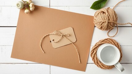 Top View of Rustic Craft Scene with Blank Brown Paper, Twine-Tied Gift Tag, White Coffee Cup on Jute Coaster, Yarn Ball and Natural Floral Decoration on White Wooden Background.