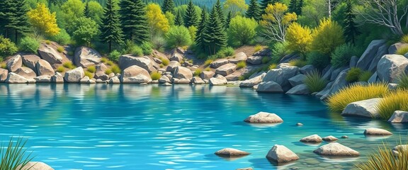 Hand-drawn vector illustration of a serene lake scene with rocky shores, lush trees, and wild vegetation,  scenic view,  illustration