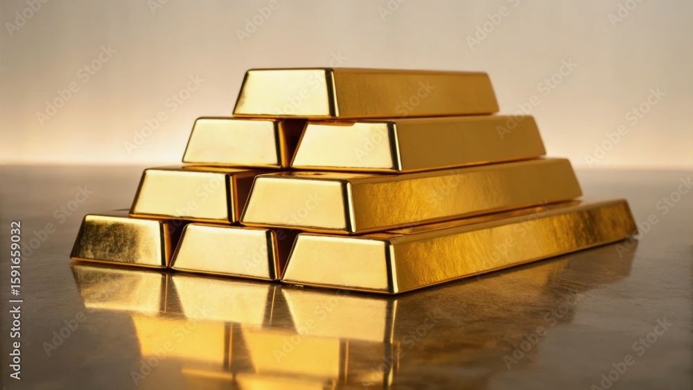 Poster a stack of shiny gold bars reflects light, highlighting their lustrous surface and creating an elega