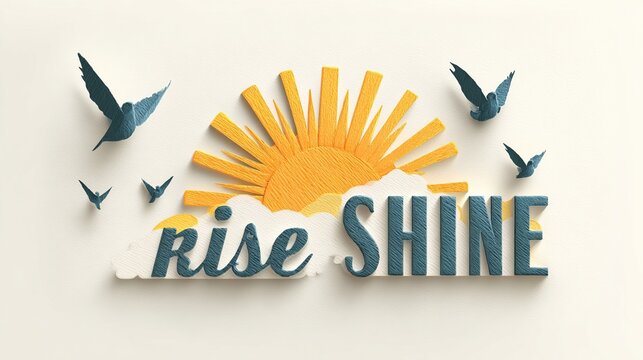 Paper art sunrise with clouds, birds, and the words "rise SHINE