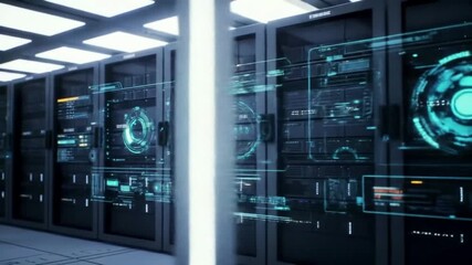 Server room with futuristic interface overlay, data processing - Powered by Adobe