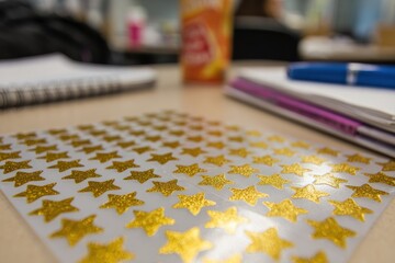 Fototapeta premium Gold stars on sheet, desk items