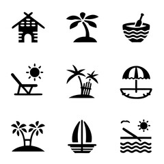 Island Vacation Vector Set – Beach Hut, Coconut, Hammock, Surfboard & Sunset in Tropical Clip Art for Resorts, Travel Agencies & Summer Branding