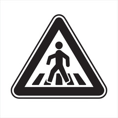 Black and white pedestrian crossing warning sign with a person walking on stripes