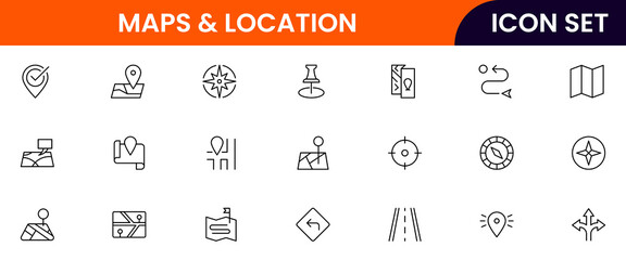 Maps and Location vector web line icon collection, sleek illustrations of pins, compasses, routes, navigation for clear, location-based designs. © flattenx