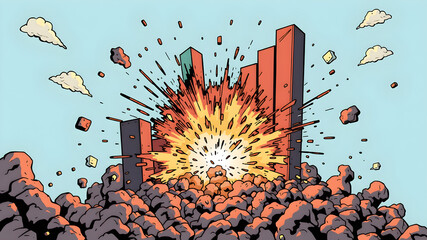 Exploding bar graph showing dramatic product launch growth, comic-style visuals