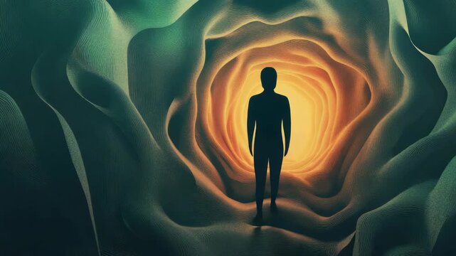 A person stands at the entrance of a dark cave, illuminated by an inner light. This surreal image represents mystery and the human need for discovery.