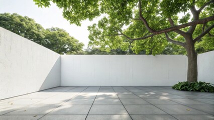 Modern courtyard with white walls and lush green tree
