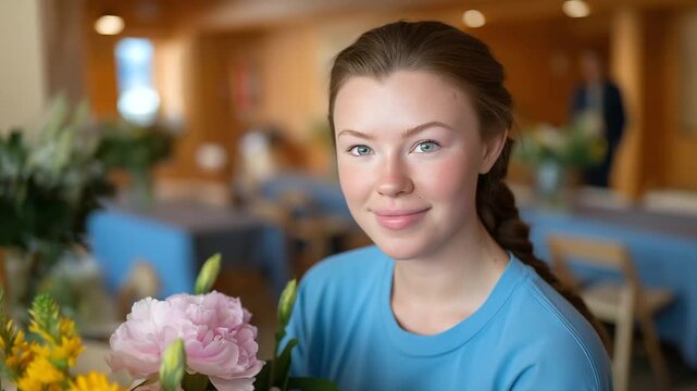 A caring volunteer offers flowers at a community center
