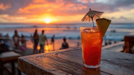 Cocktail sits on deck during sunset. People at beach. For bar menu or promotion