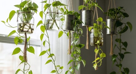 Golden pothos hang in jars and metal cans by a window, a unique and creative display of hydroponic indoor gardening