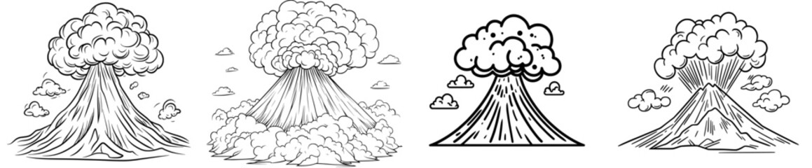 A cartoon volcano is depicted in modern illustration style, with black and white hand-drawn sketches on a white background