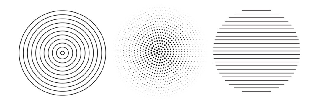 Black concentric circle set. Sonar or sound wave ring collection. Dotted and linear epicentre, target, radar icon concept. Ripple radial signal or vibration elements. Vector line and halftone symbols