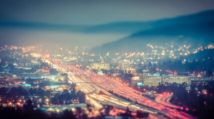 Fototapeta premium Blurred Night Cityscape With Highway Traffic And Mountains