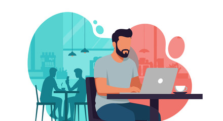 Man working on laptop in cafe, perfect for website banners or blog posts about remote work.