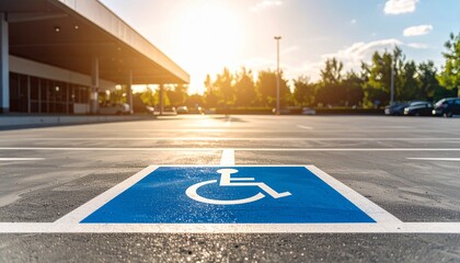 Accessible Parking Space: A designated accessible parking space, clearly marked with the international symbol of accessibility, sits in a sunny parking lot near a modern building.
