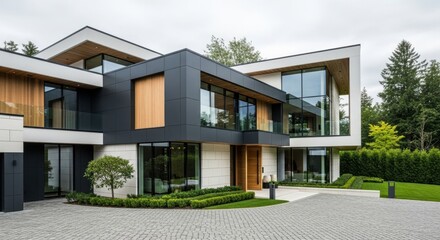 Modern luxury home with wood accents and extensive glass facades