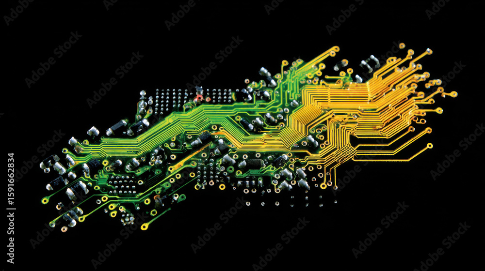 Poster vibrant circuit board with intricate patterns and glowing traces showcases technology and innovation