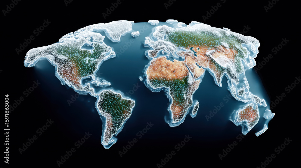 Poster futuristic world map with network design, showcasing continents and oceans in digital style. map fea