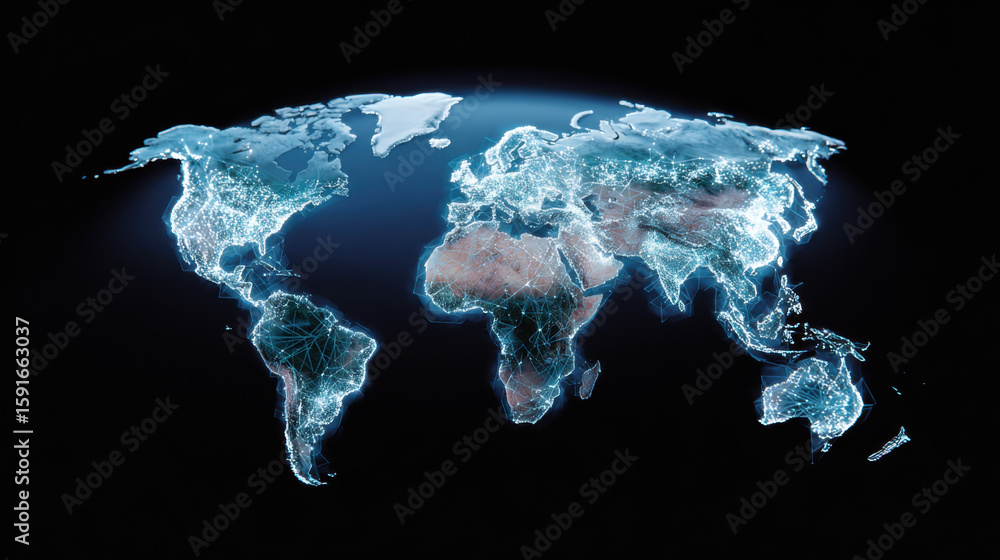Poster futuristic world map illuminated with glowing lines and nodes, representing cyber threat landscape. 