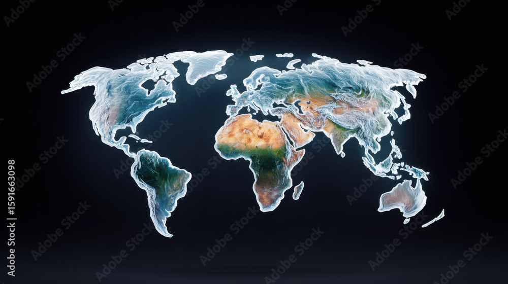Poster detailed and vibrant visual representation of world map, showcasing continents and oceans with uniqu