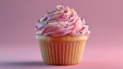 Pink frosting cupcake topped with colorful sprinkles on pink background