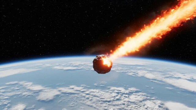 Asteroid Entering Earth&rsquo;s Atmosphere  Distant View with Plasma Trail & Sonic Glow