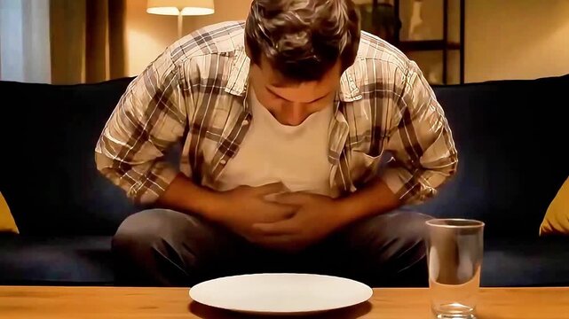 A middle-aged man suffering from severe stomach ache and indigestion at home. He sits on the couch in pain, rubbing his bloated belly, feeling the discomfort from overeating or gastritis.
