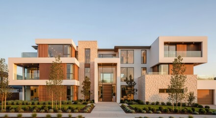 Fototapeta premium Modern luxury residence with stone and wood accents and expansive glass facade