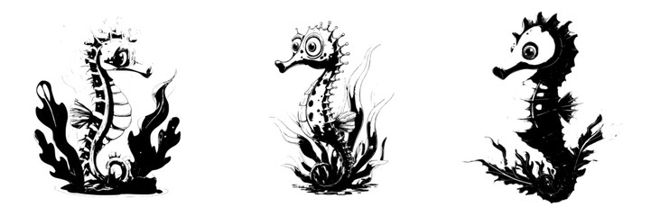 Naklejka premium A cute cartoon seahorse is isolated, depicted with algae against a white background in a modern illustration style