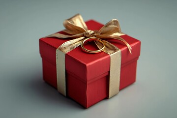Obraz premium Elegant Gift Box With a Golden Ring Tied With a Satin Ribbon for a Special Occasion Generative AI