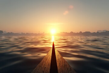 Dawn on a still river, viewed from a wooden boat.  Sunrise paints golden hues across a calm water surface.  Misty horizon.  Wooden boat's bow, slightly angled, is central