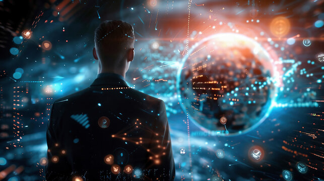 Man Contemplating Digital Future with Glowing Sphere and Data Streams