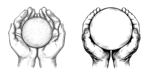 The illustration, drawn by hand, depicts a closeup of hands that are cupped around a round object