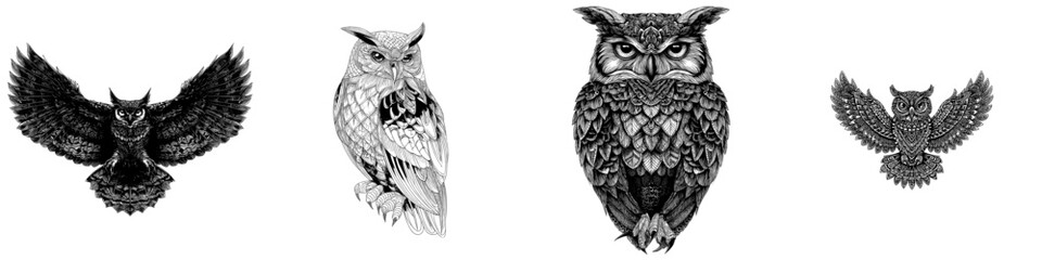 A contemporary owl design set against a white background, featuring birds and animals