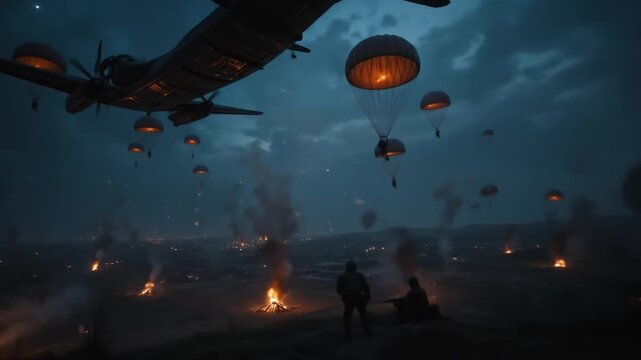 Dramatic Airborne Assault with Paratroopers at Night, Military Aircraft in Action